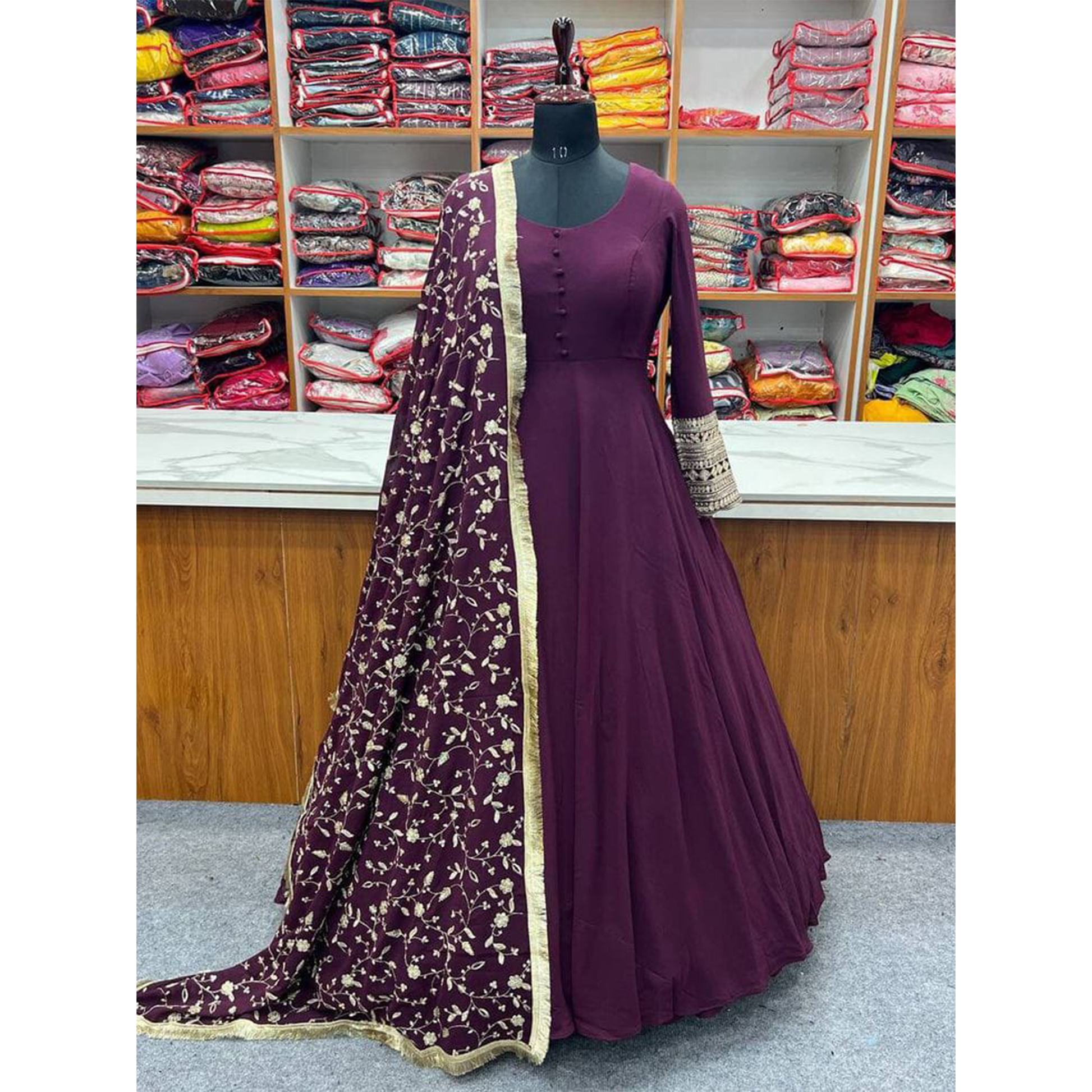 Sophisticated Maroon Embroidered Gown - Women's Stylish and Elegant Dress