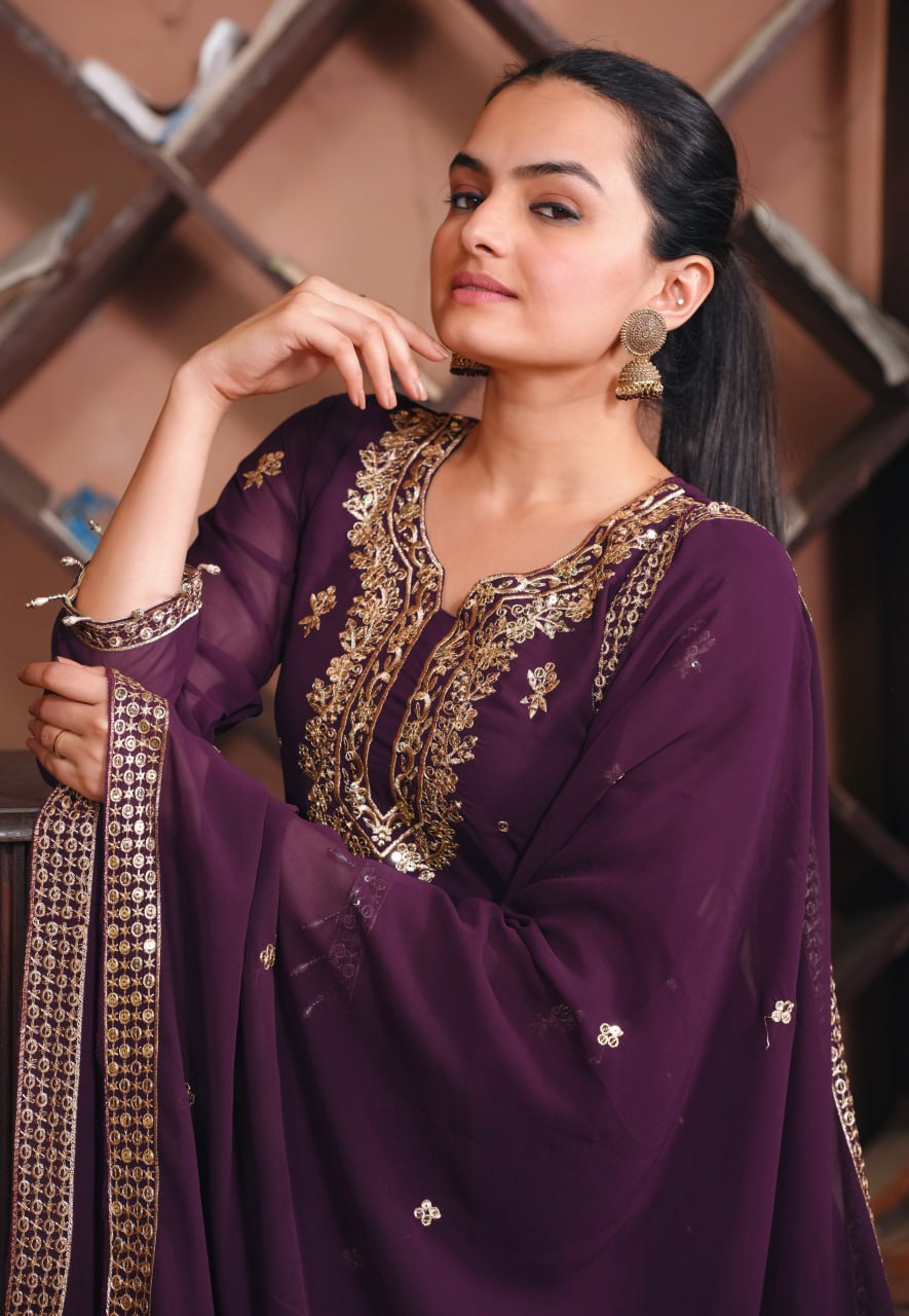Purple Georgette Anarkali Suit with Sequin Embroidery – Flared Festive Wear
