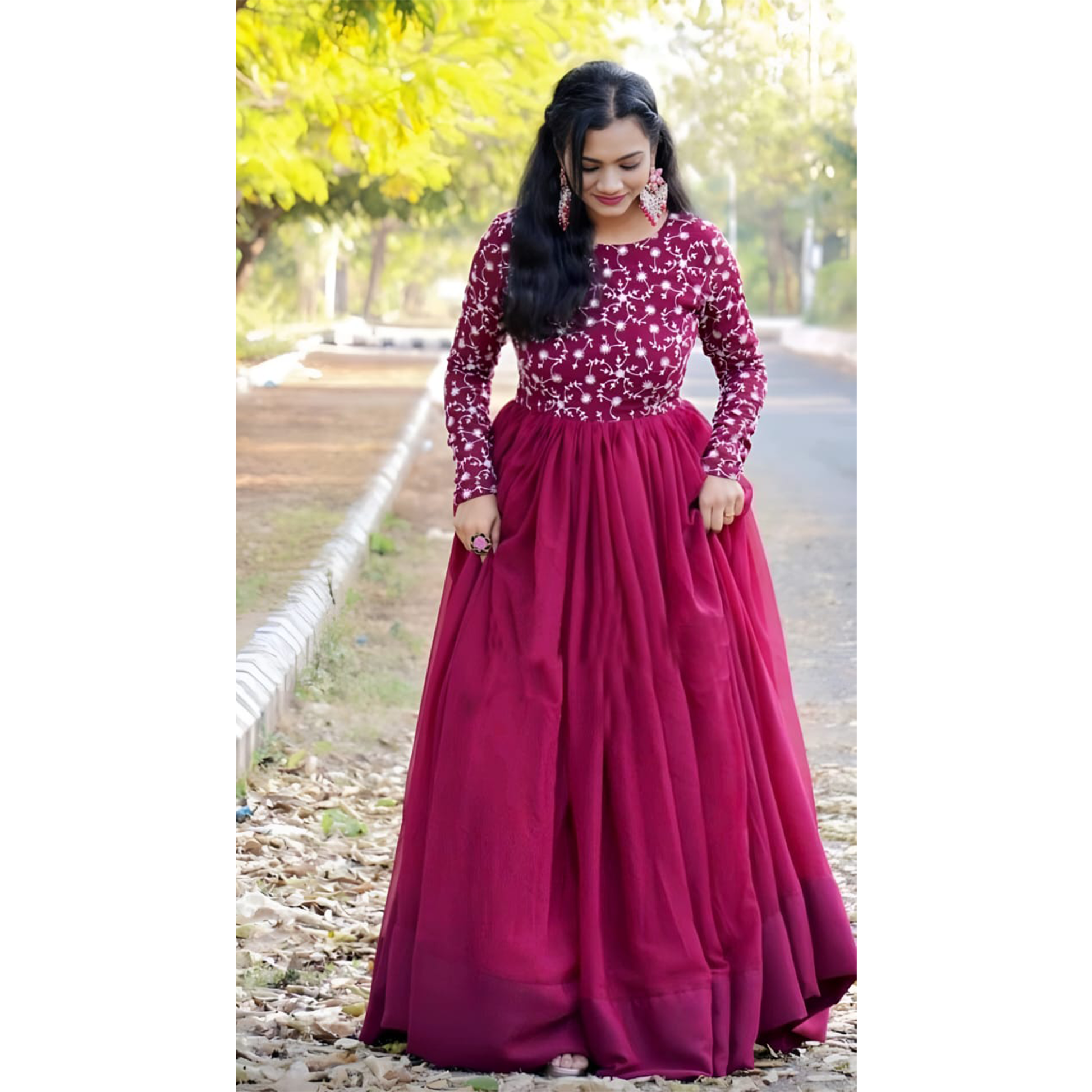 Trendy Maroon Embroidered Gown for Festive Vibes