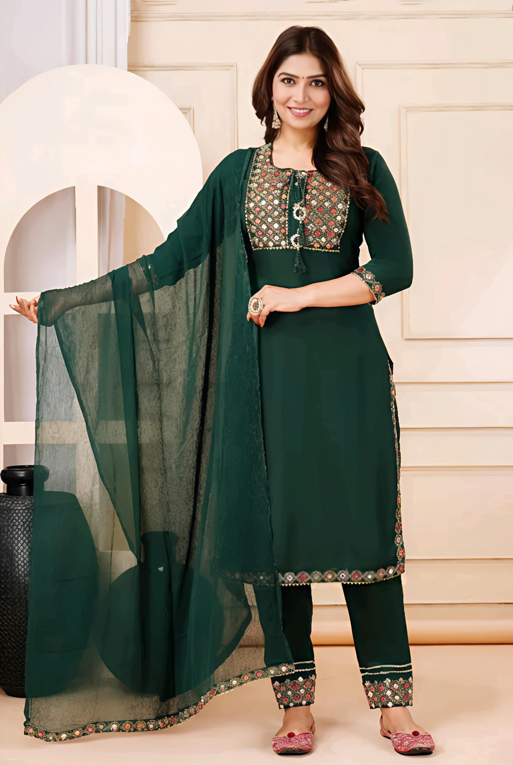 Women Green Mirror Work Embroidered Kurta Set With Pajama & Dupatta – Festive Ethnic Wear | Rayon Kurta, Poly Chiffon Dupatta | Beznok Enterprises