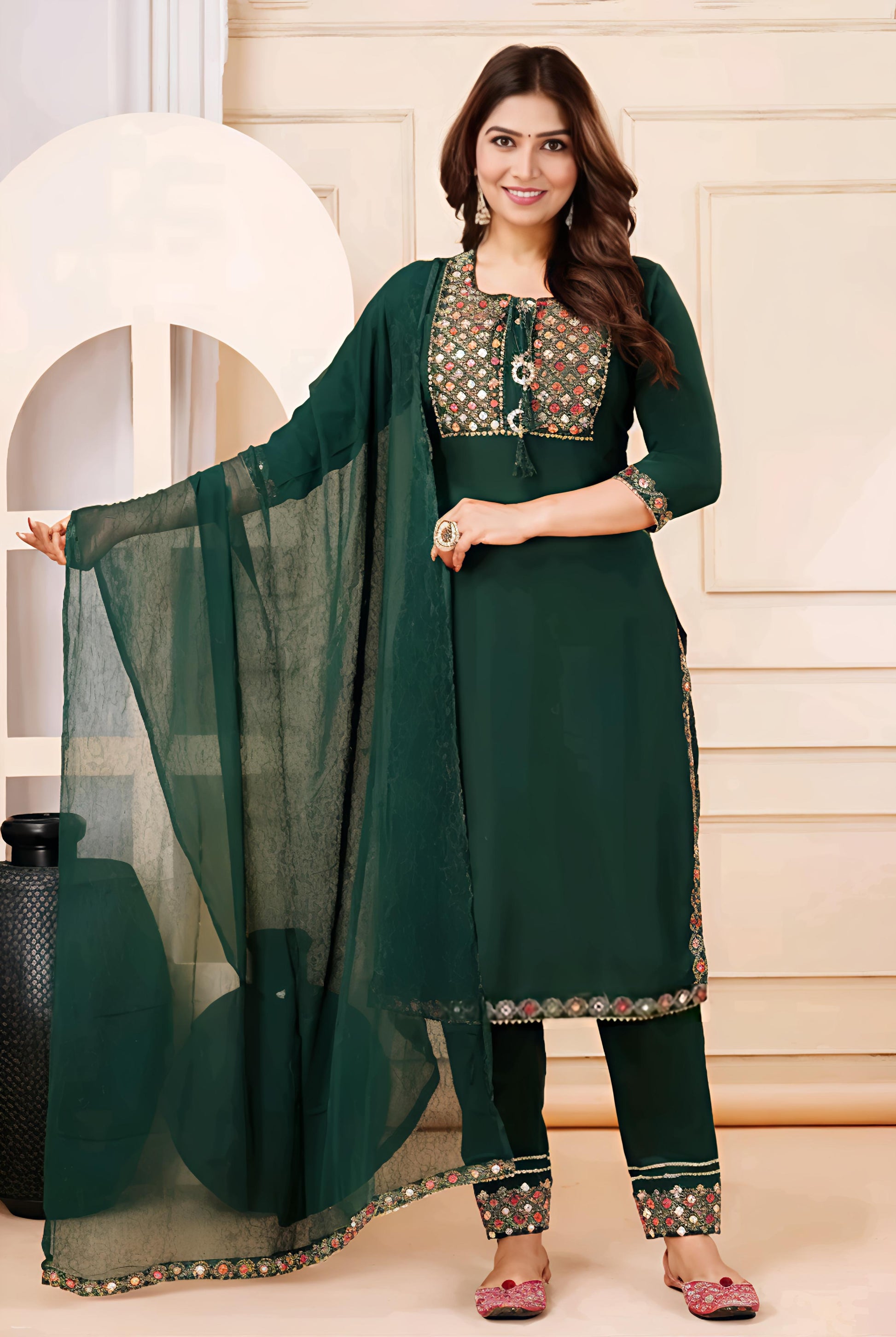 Women Green Mirror Work Embroidered Kurta Set With Pajama & Dupatta – Festive Ethnic Wear | Rayon Kurta, Poly Chiffon Dupatta | Beznok Enterprises