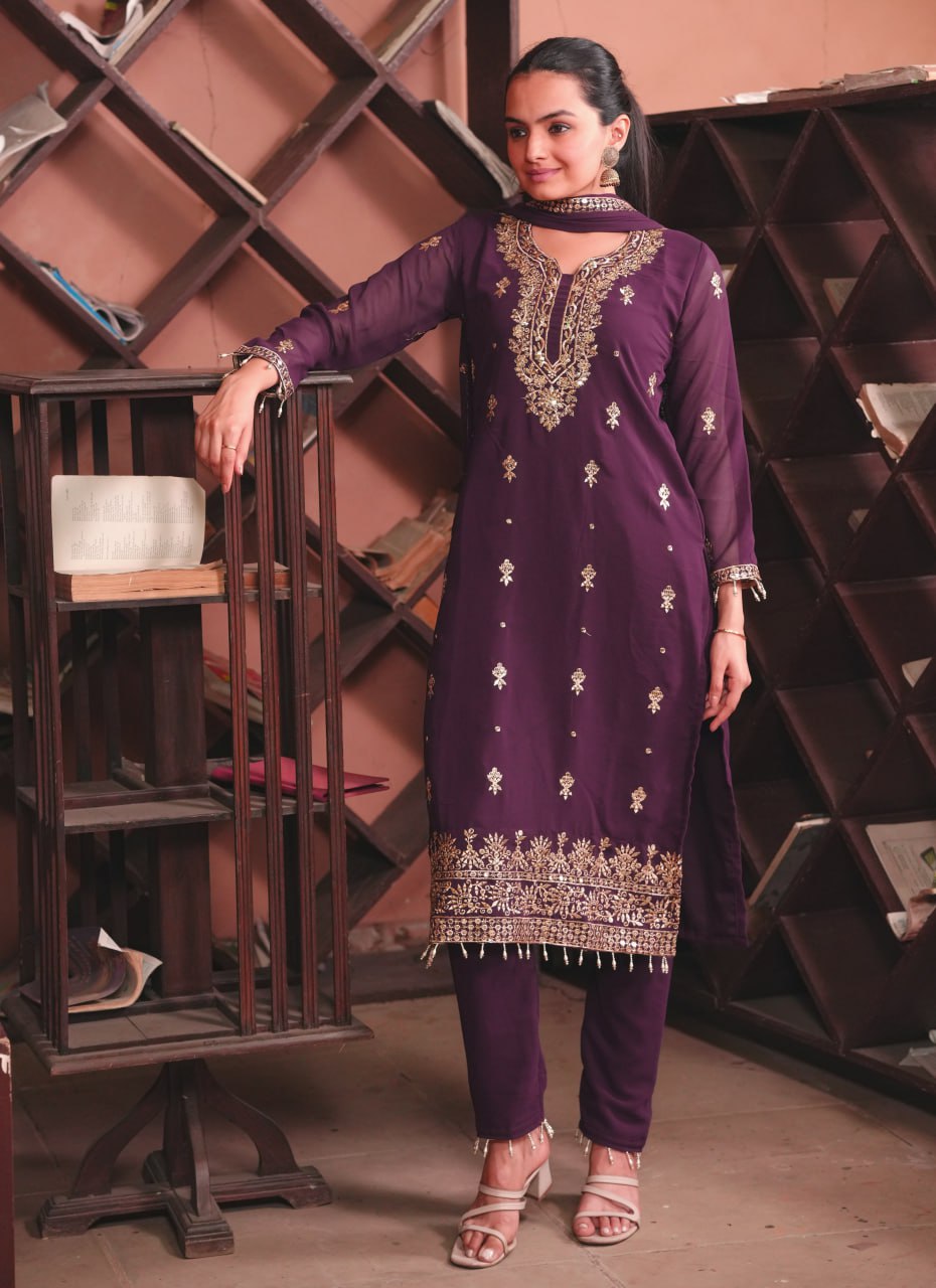 Purple Georgette Anarkali Suit with Sequin Embroidery – Flared Festive Wear