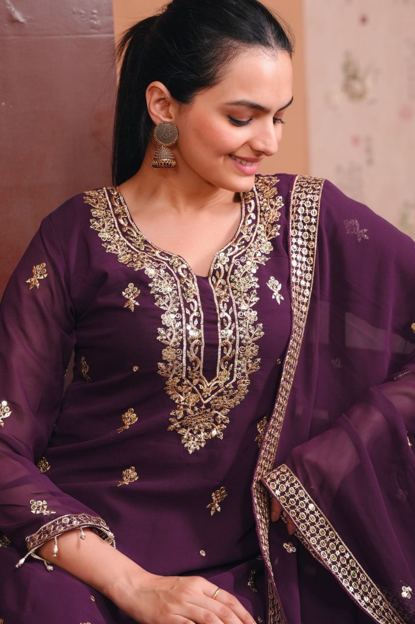 Purple Georgette Anarkali Suit with Sequin Embroidery – Flared Festive Wear