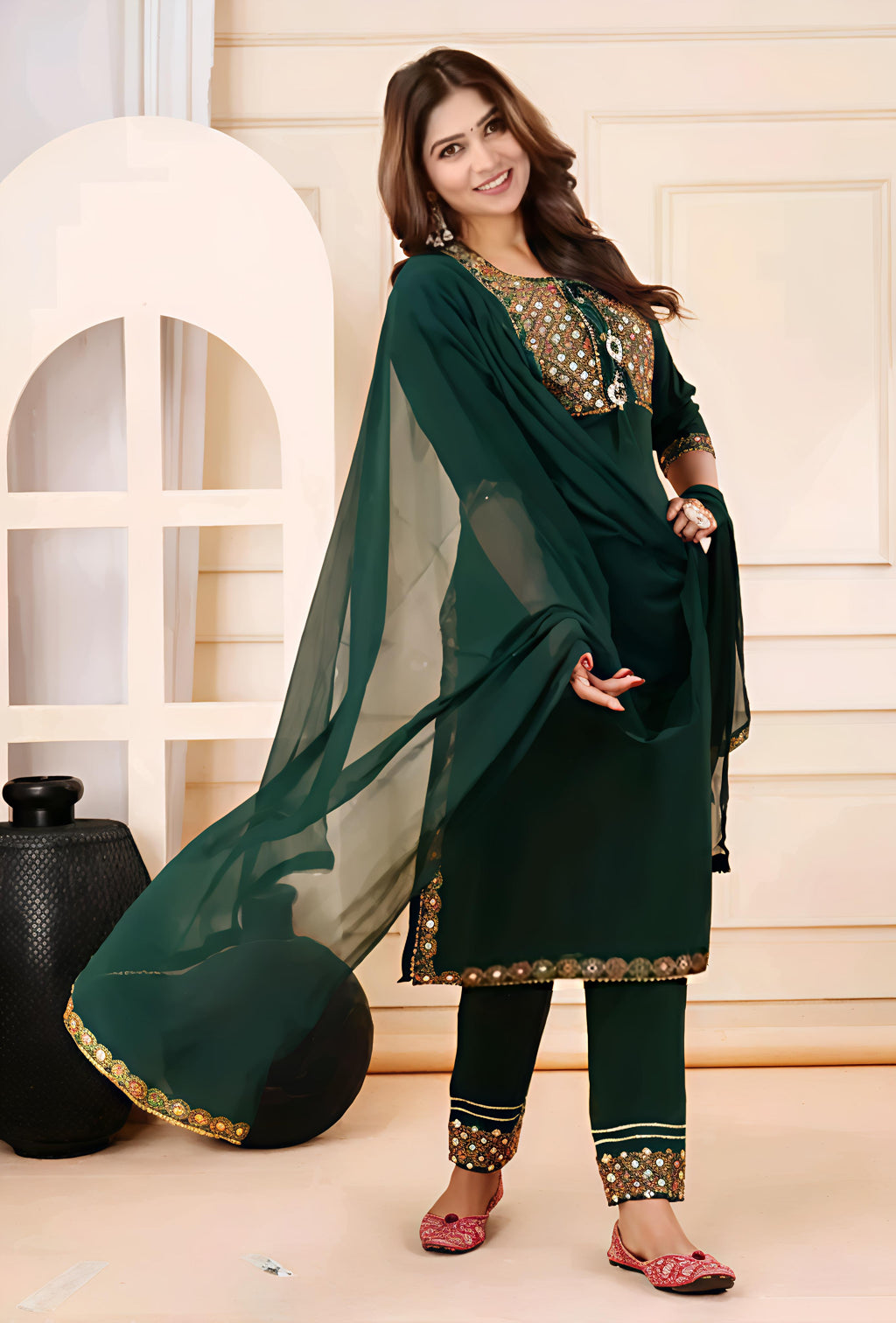 Women Green Mirror Work Embroidered Kurta Set With Pajama & Dupatta – Festive Ethnic Wear | Rayon Kurta, Poly Chiffon Dupatta | Beznok Enterprises