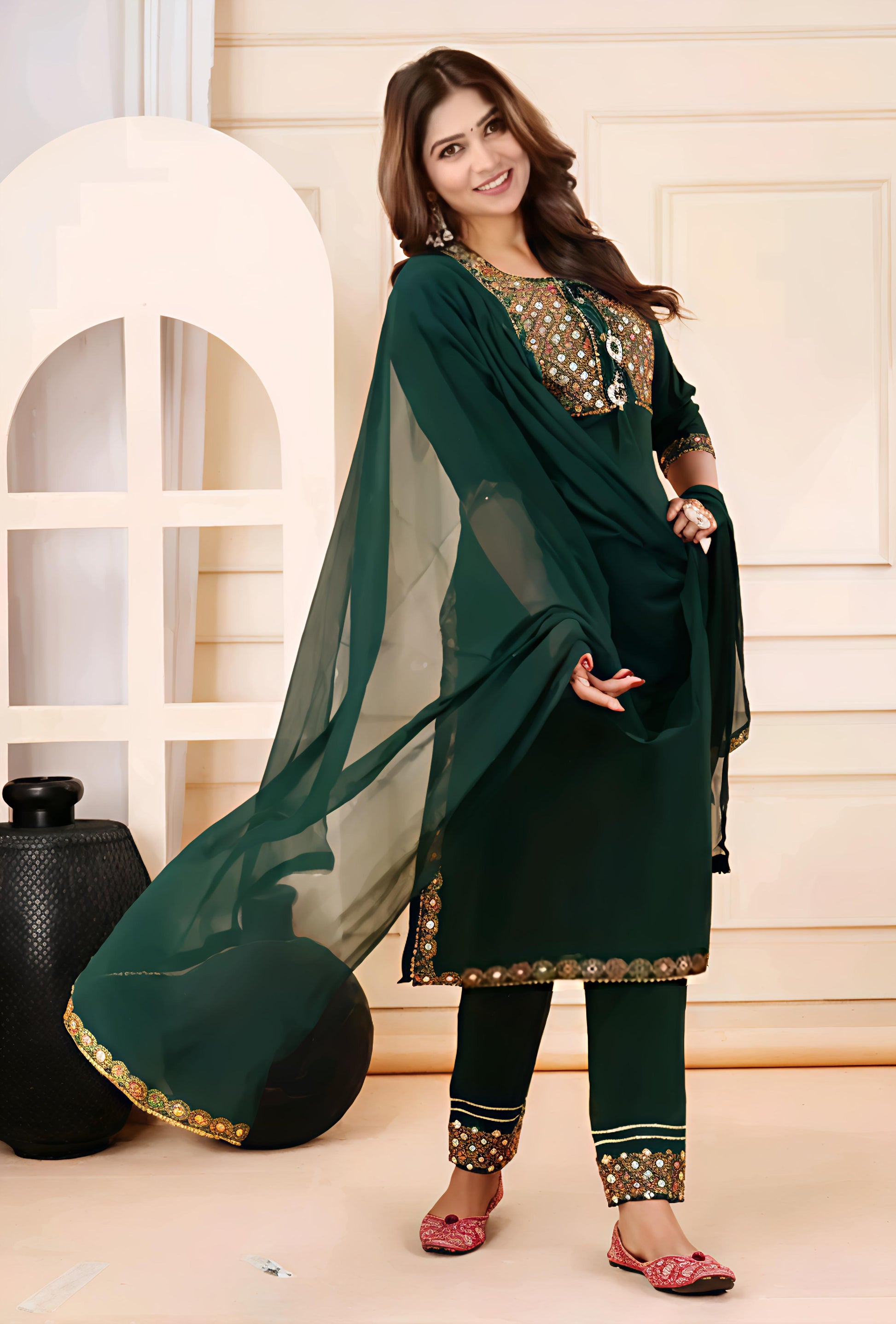 Women Green Mirror Work Embroidered Kurta Set With Pajama & Dupatta – Festive Ethnic Wear | Rayon Kurta, Poly Chiffon Dupatta | Beznok Enterprises