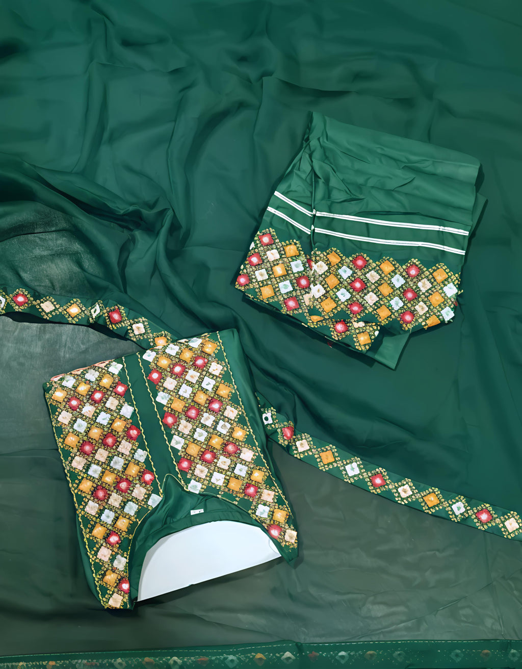 Women Green Mirror Work Embroidered Kurta Set With Pajama & Dupatta – Festive Ethnic Wear | Rayon Kurta, Poly Chiffon Dupatta | Beznok Enterprises