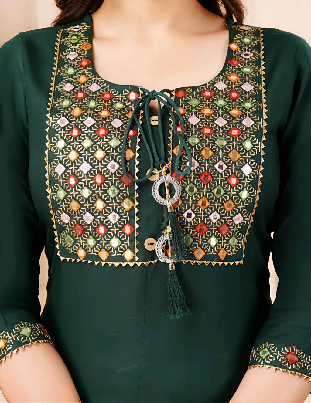 Women Green Mirror Work Embroidered Kurta Set With Pajama & Dupatta – Festive Ethnic Wear | Rayon Kurta, Poly Chiffon Dupatta | Beznok Enterprises