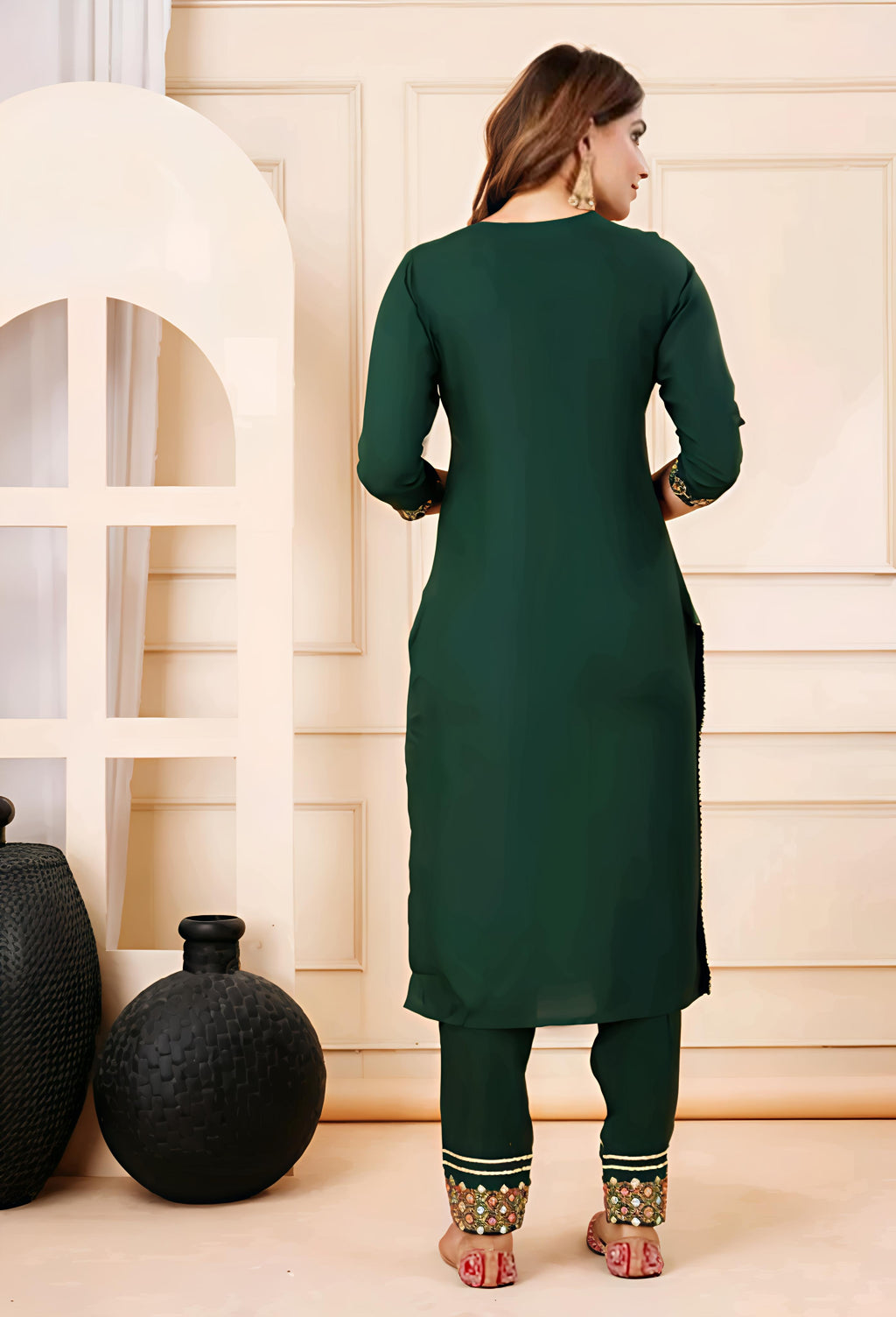 Women Green Mirror Work Embroidered Kurta Set With Pajama & Dupatta – Festive Ethnic Wear | Rayon Kurta, Poly Chiffon Dupatta | Beznok Enterprises