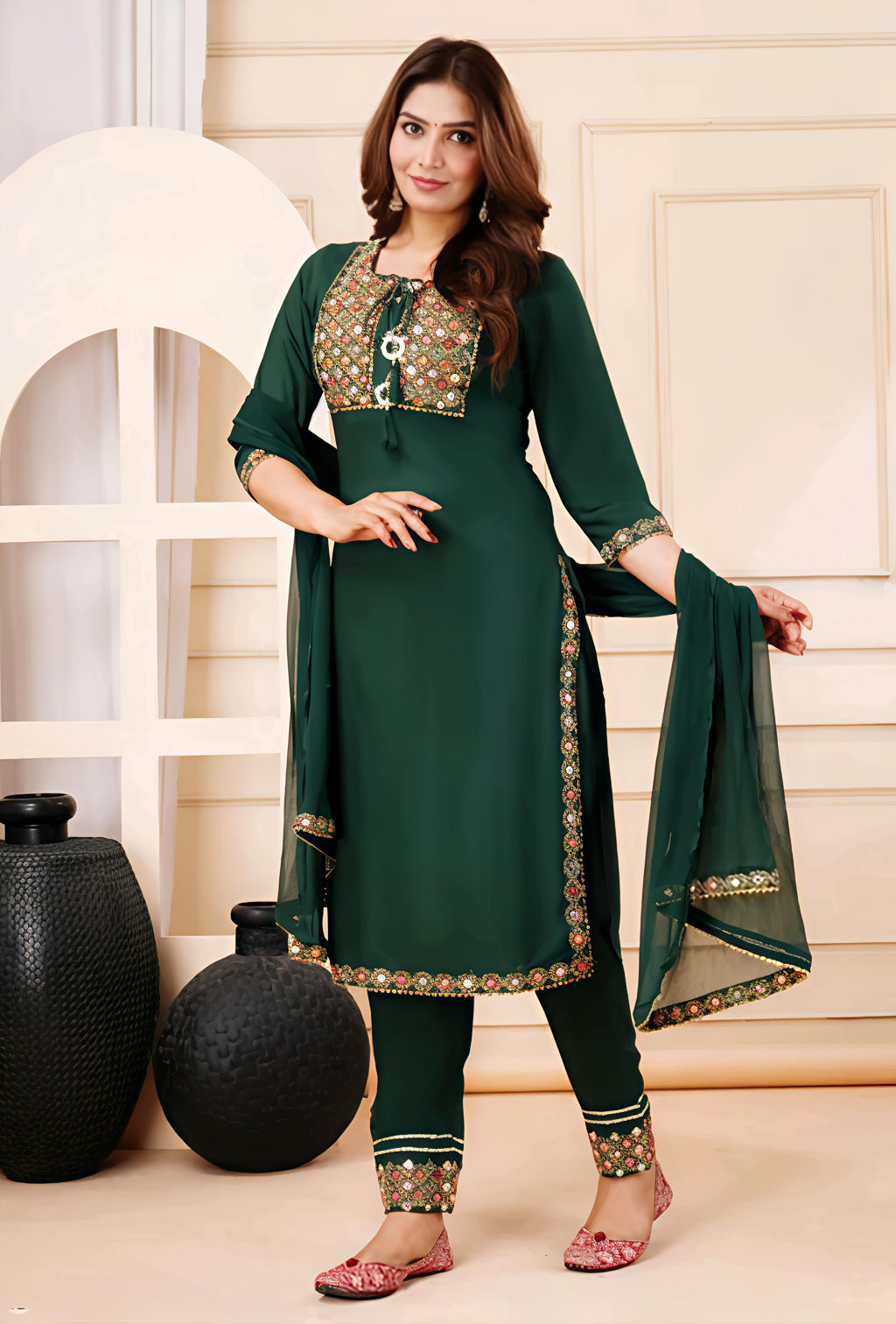 Women Green Mirror Work Embroidered Kurta Set With Pajama & Dupatta – Festive Ethnic Wear | Rayon Kurta, Poly Chiffon Dupatta | Beznok Enterprises