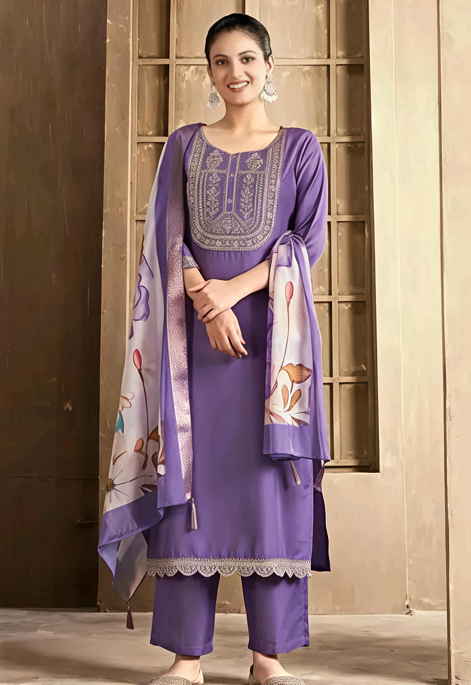 Aagam Pretty Women Lavender Embroidered Kurta Set with Dupatta & Cotton Bottomwear | CLAVINET Stitched Calf Length Party Wear Pack of 3 