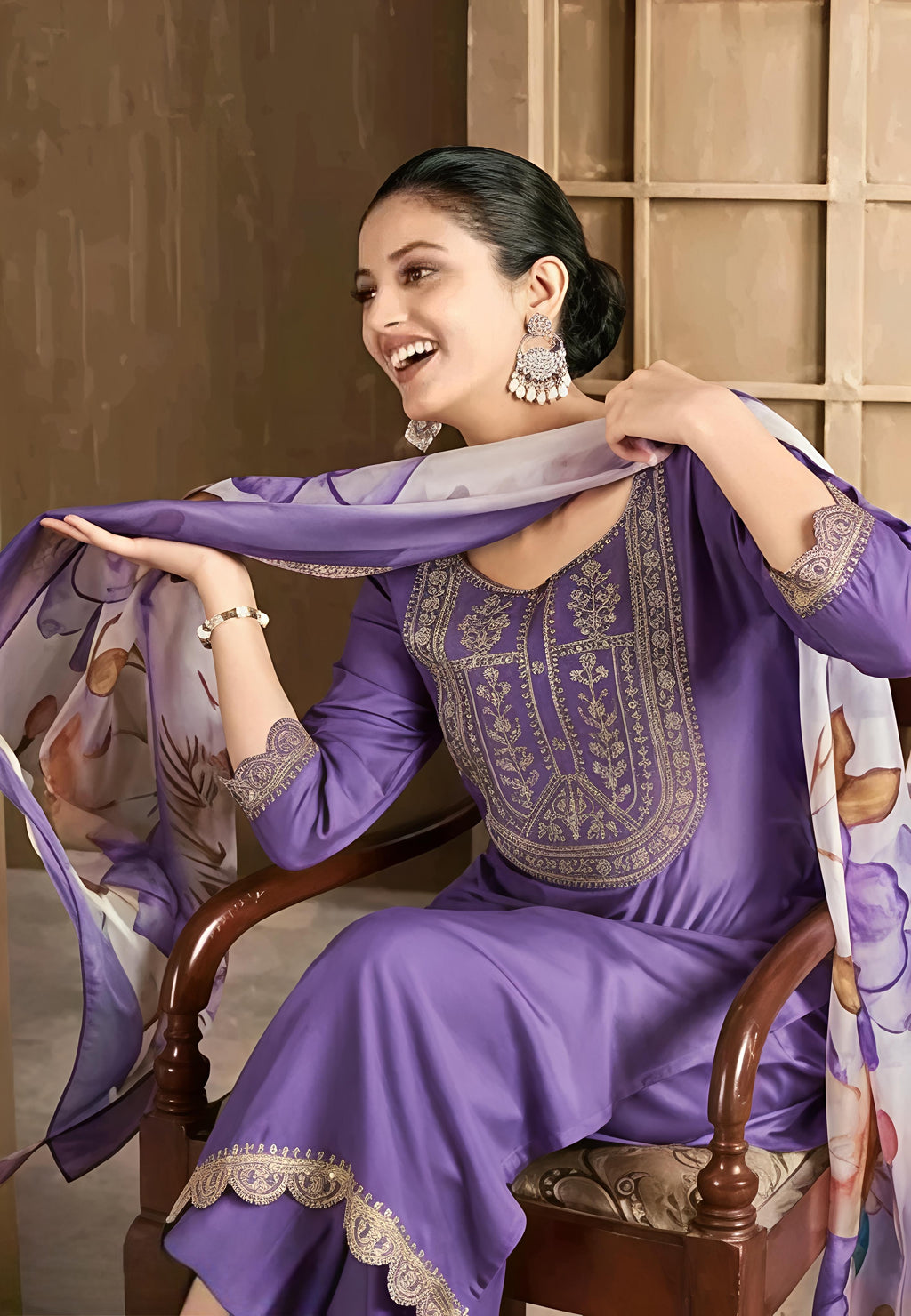 Aagam Pretty Women Lavender Embroidered Kurta Set with Dupatta & Cotton Bottomwear | CLAVINET Stitched Calf Length Party Wear Pack of 3 