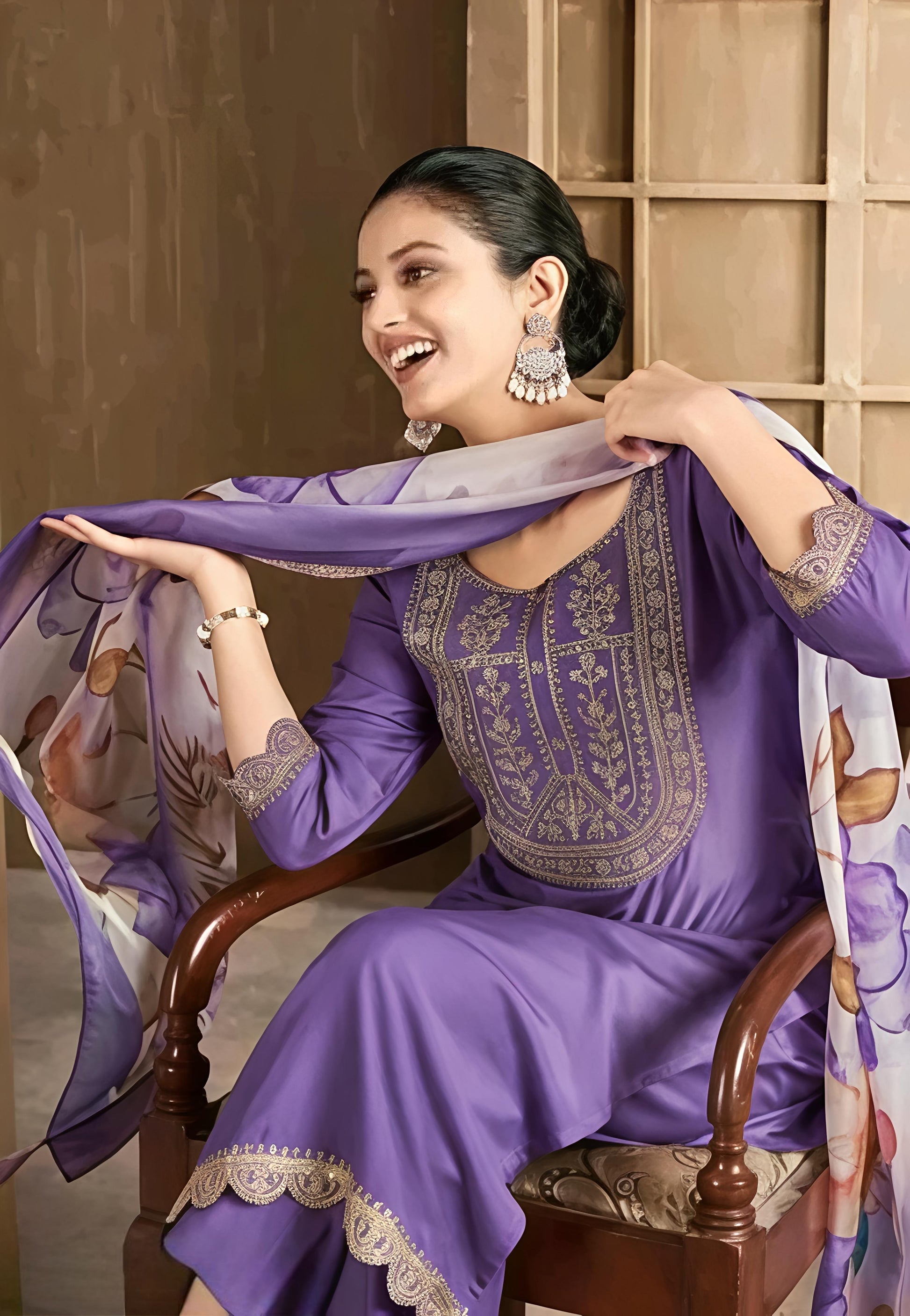 Aagam Pretty Women Lavender Embroidered Kurta Set with Dupatta & Cotton Bottomwear | CLAVINET Stitched Calf Length Party Wear Pack of 3 