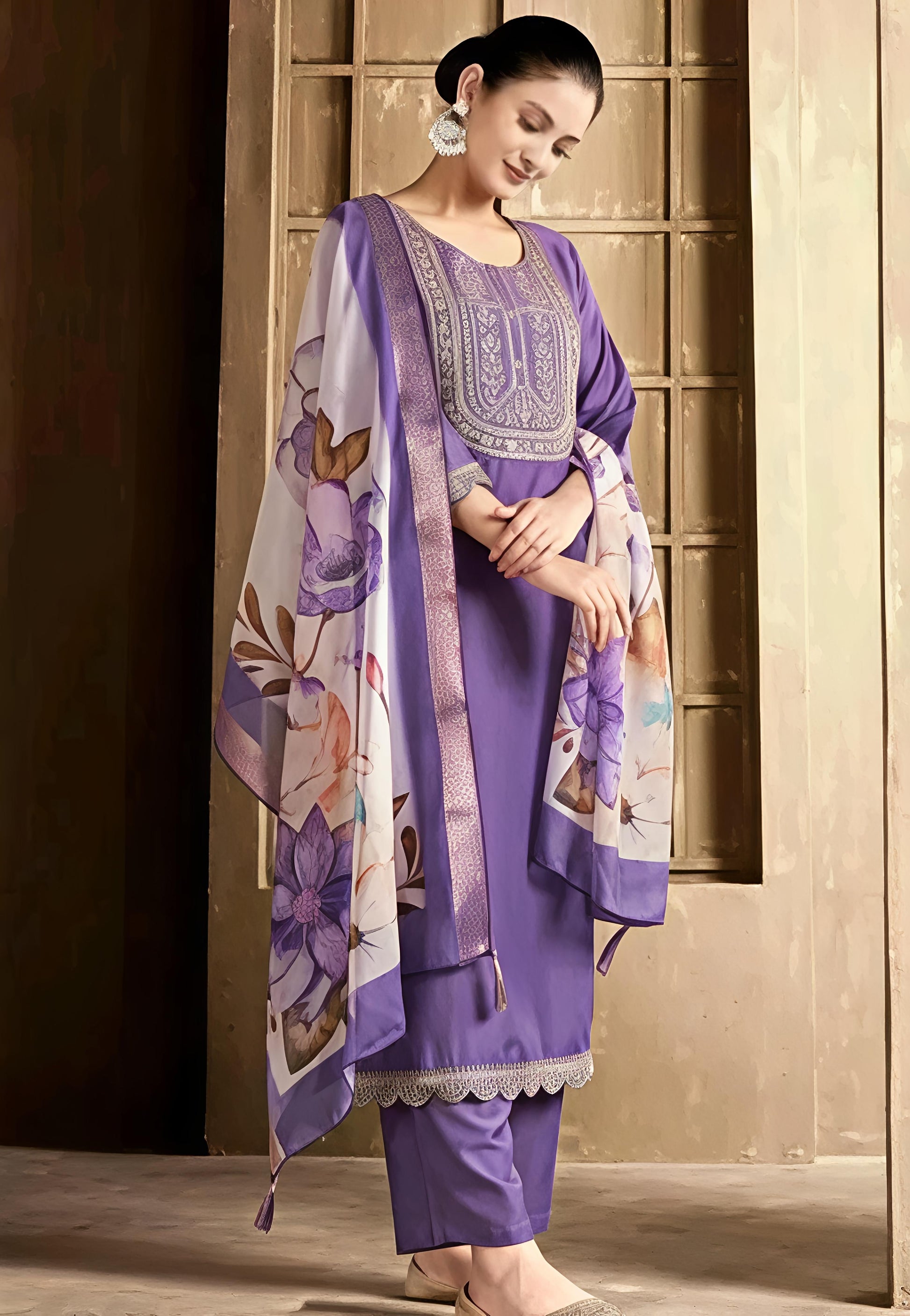 Aagam Pretty Women Lavender Embroidered Kurta Set with Dupatta & Cotton Bottomwear | CLAVINET Stitched Calf Length Party Wear Pack of 3 