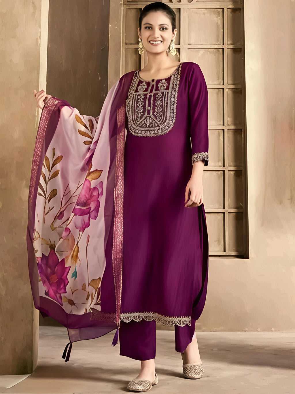 Aagam Pretty Women Lavender Embroidered Kurta Set with Dupatta & Cotton Bottomwear | CLAVINET Stitched Calf Length Party Wear Pack of 3 