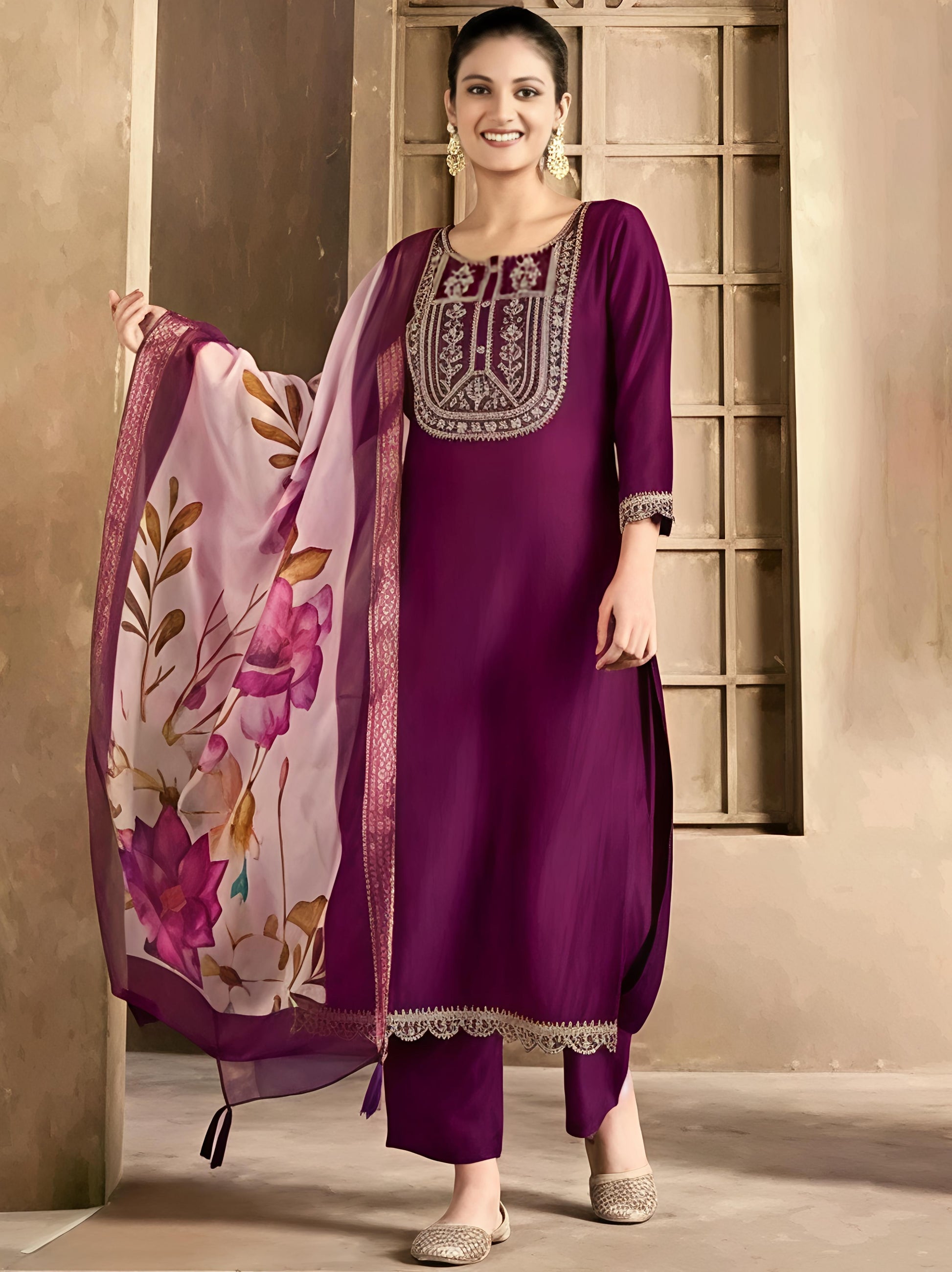 Aagam Pretty Women Lavender Embroidered Kurta Set with Dupatta & Cotton Bottomwear | CLAVINET Stitched Calf Length Party Wear Pack of 3 