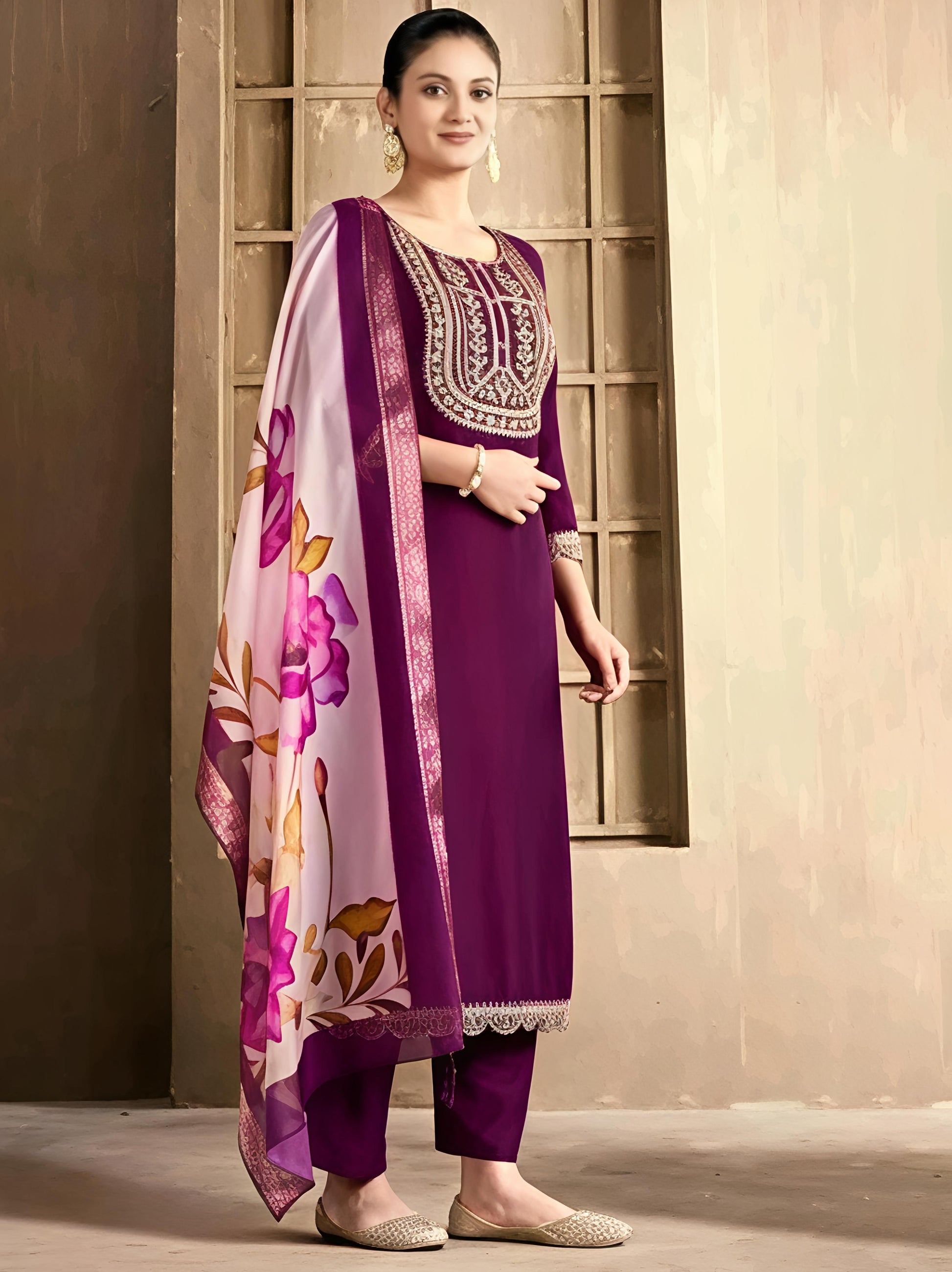 Aagam Pretty Women Lavender Embroidered Kurta Set with Dupatta & Cotton Bottomwear | CLAVINET Stitched Calf Length Party Wear Pack of 3 