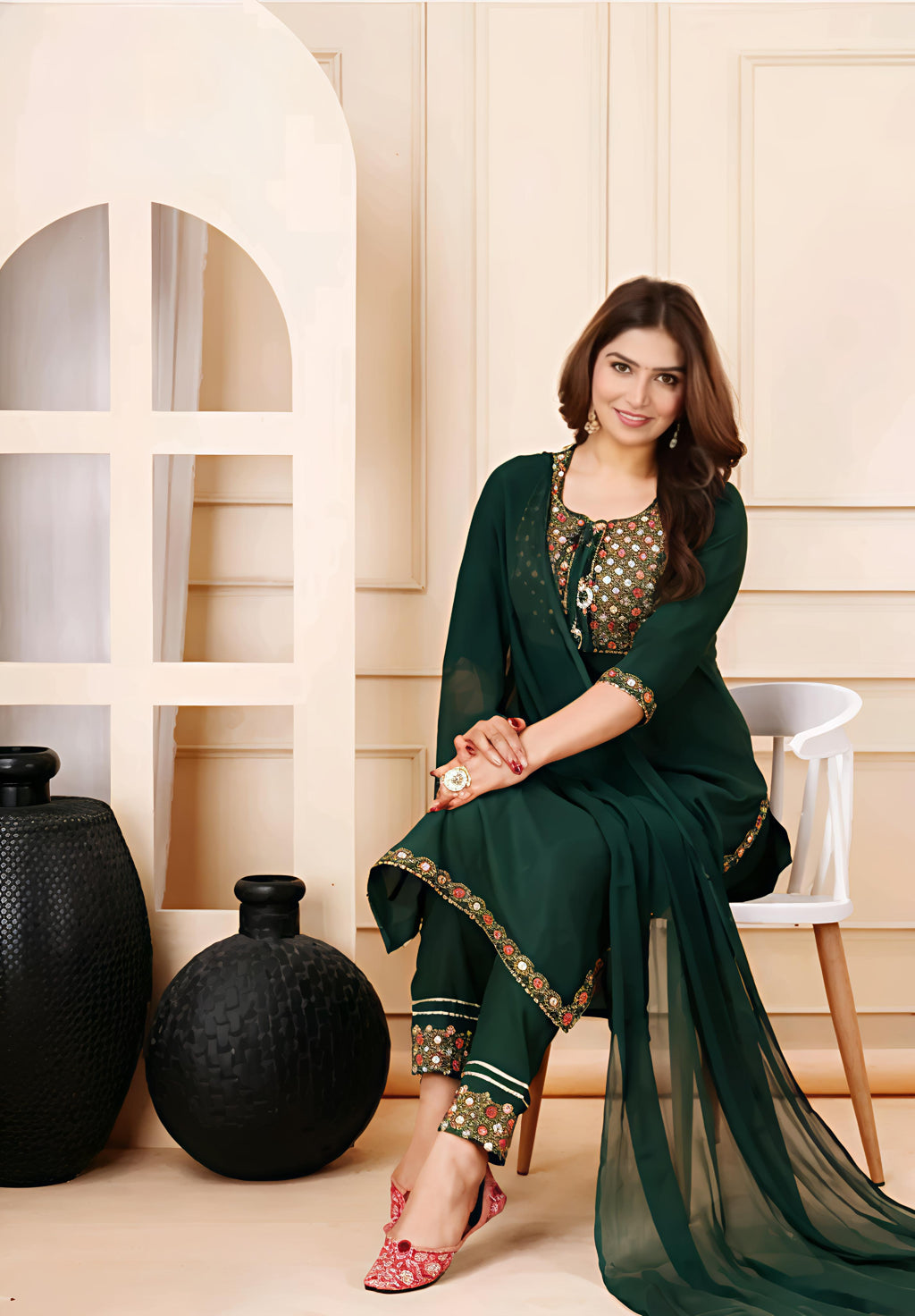 Women Green Mirror Work Embroidered Kurta Set With Pajama & Dupatta – Festive Ethnic Wear | Rayon Kurta, Poly Chiffon Dupatta | Beznok Enterprises