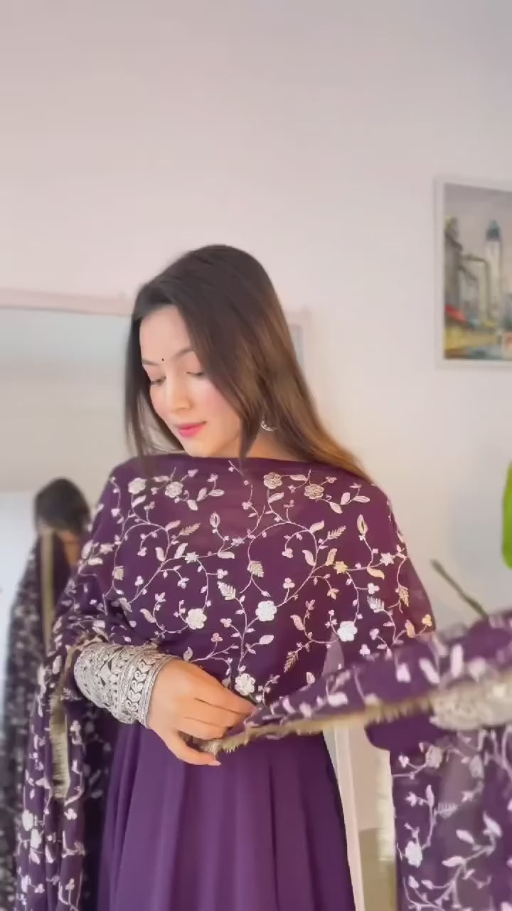 Sophisticated Maroon Embroidered Gown - Women's Stylish and Elegant Dress